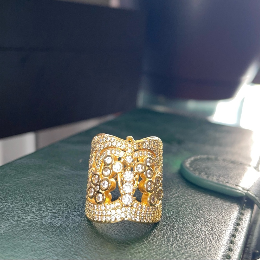 Gold Ring with Intricate Designs and Swavorski crystals. Does not tarnish - Picture 2 of 6